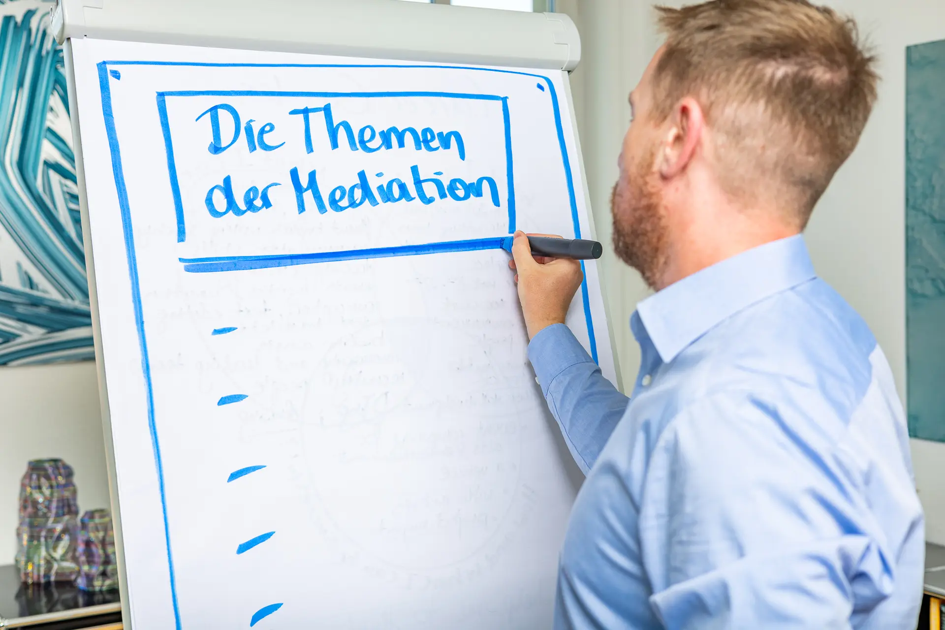 Marcel Weber schreibt die Themen einer Mediation auf ein Flipchart